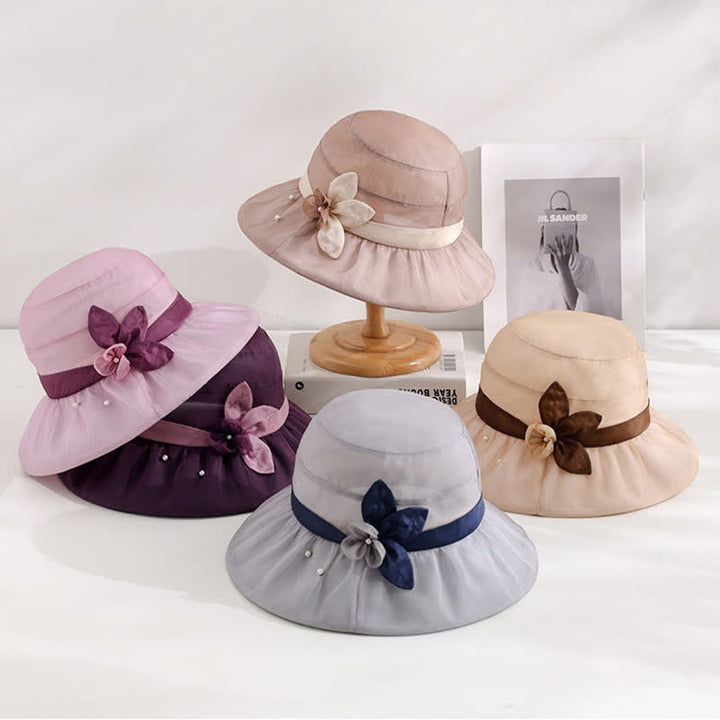 Sombrero para el sol de seda con ala ancha y flores adornadas con perlas para mujer