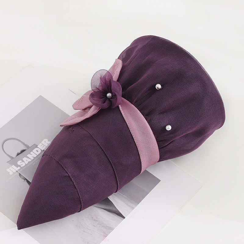 Sombrero para el sol de seda con ala ancha y flores adornadas con perlas para mujer