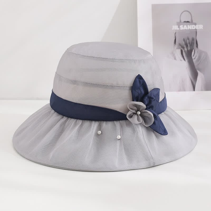 Sombrero para el sol de seda con ala ancha y flores adornadas con perlas para mujer