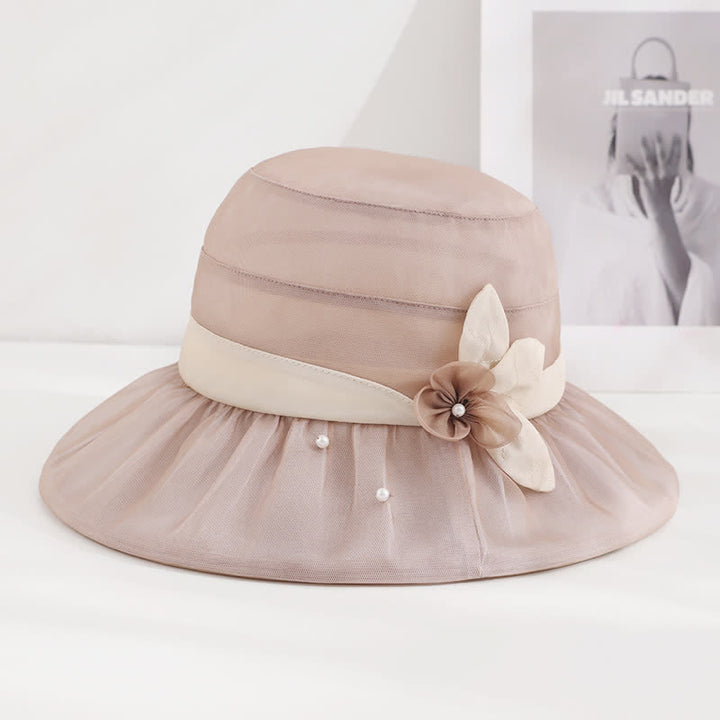 Sombrero para el sol de seda con ala ancha y flores adornadas con perlas para mujer