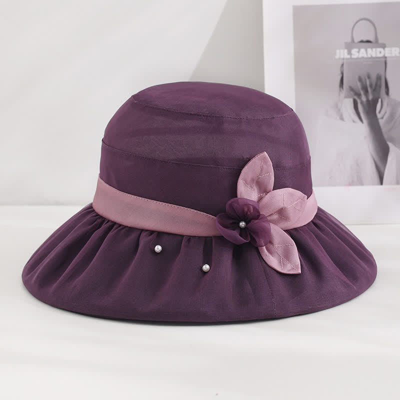 Sombrero para el sol de seda con ala ancha y flores adornadas con perlas para mujer