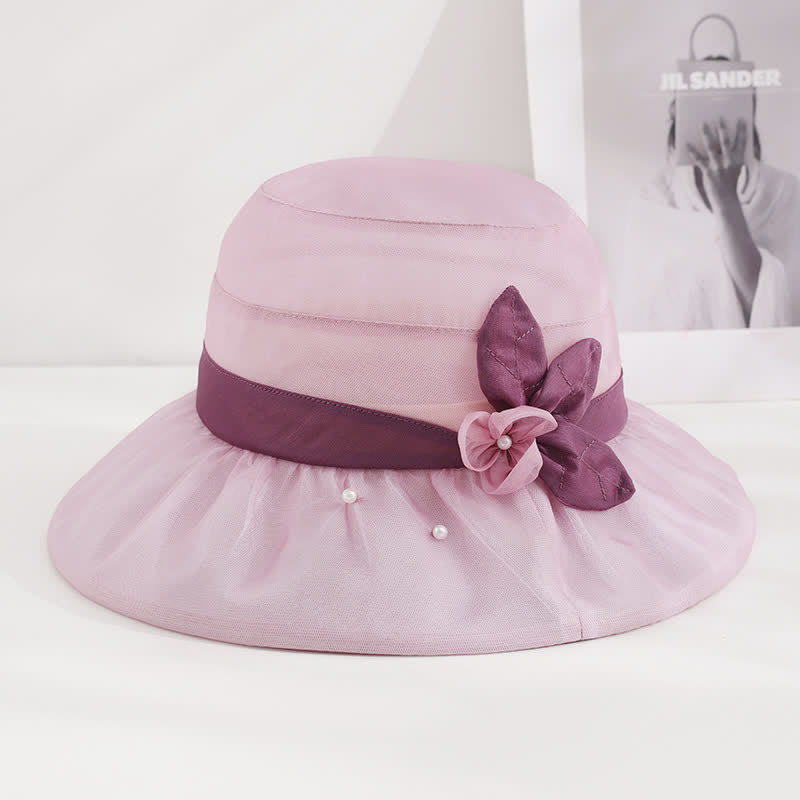Sombrero para el sol de seda con ala ancha y flores adornadas con perlas para mujer