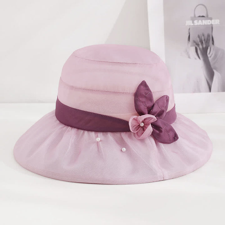 Sombrero para el sol de seda con ala ancha y flores adornadas con perlas para mujer