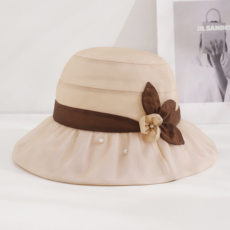 Sombrero para el sol de seda con ala ancha y flores adornadas con perlas para mujer