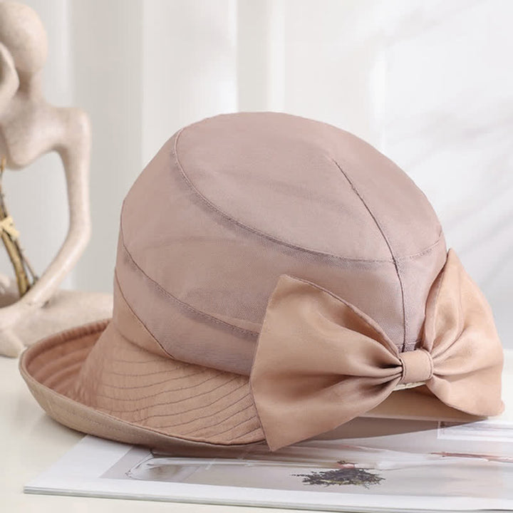 Sombrero de sol de seda plegable con ala ancha y lazo grande para mujer