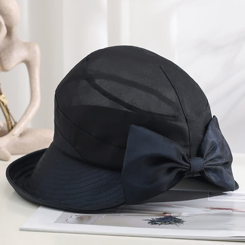 Sombrero de sol de seda plegable con ala ancha y lazo grande para mujer