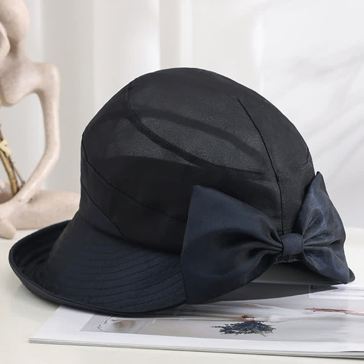 Sombrero de sol de seda plegable con ala ancha y lazo grande para mujer