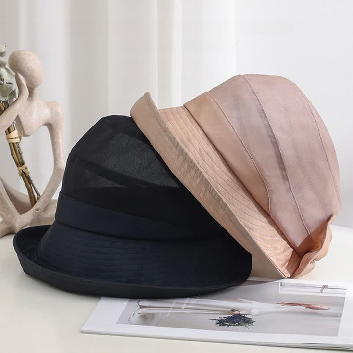 Sombrero de sol de seda plegable con ala ancha y lazo grande para mujer