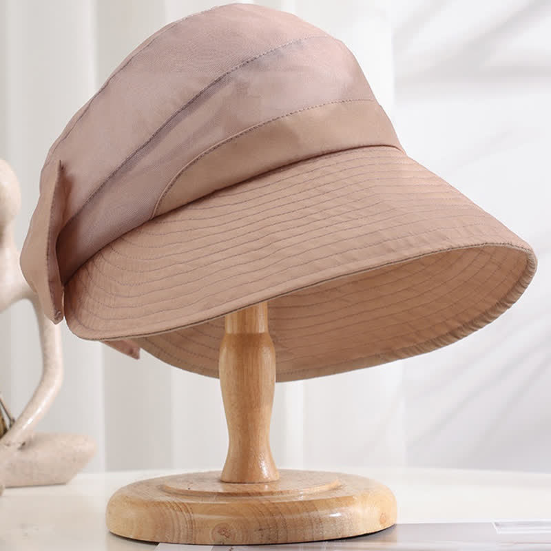 Sombrero de sol de seda plegable con ala ancha y lazo grande para mujer