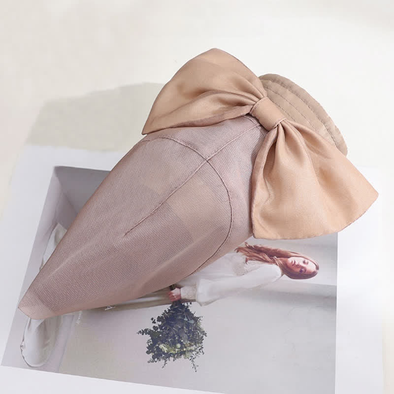 Sombrero de sol de seda plegable con ala ancha y lazo grande para mujer