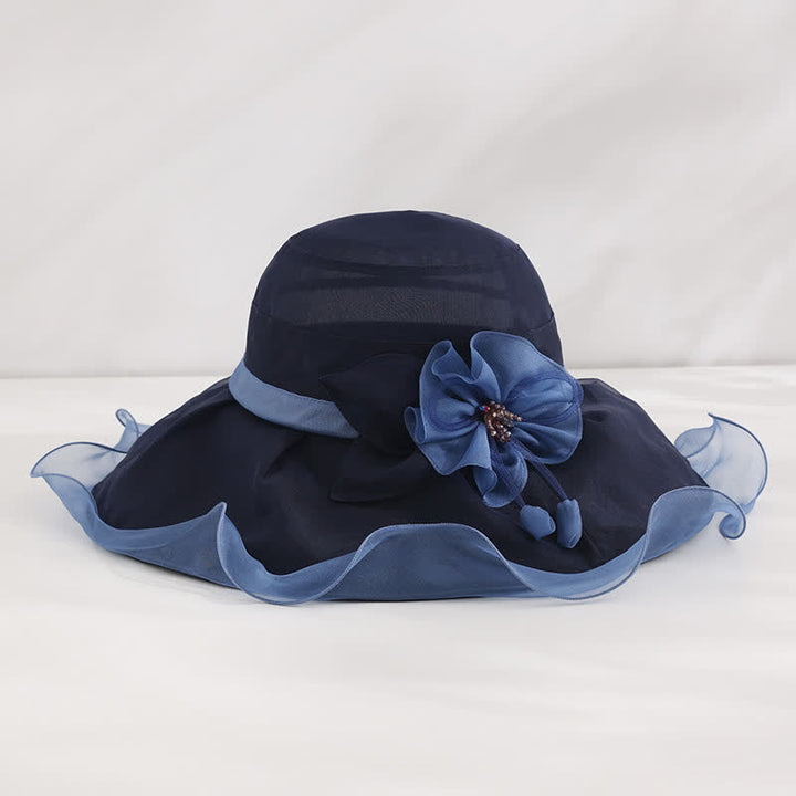 Sombrero de sol de seda plegable para playa, con ala ancha y flores, para mujer