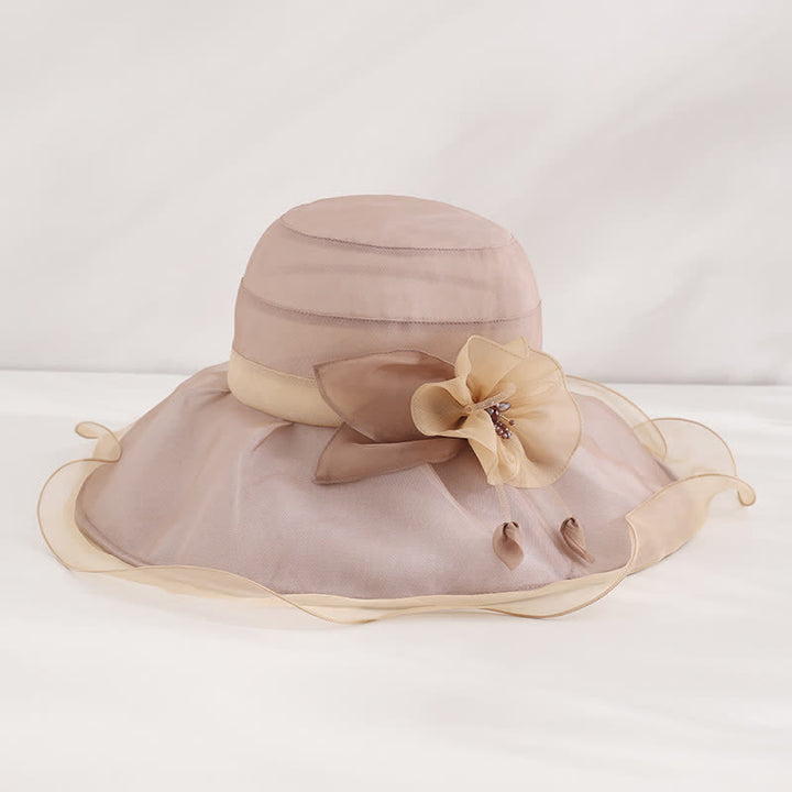 Sombrero de sol de seda plegable para playa, con ala ancha y flores, para mujer
