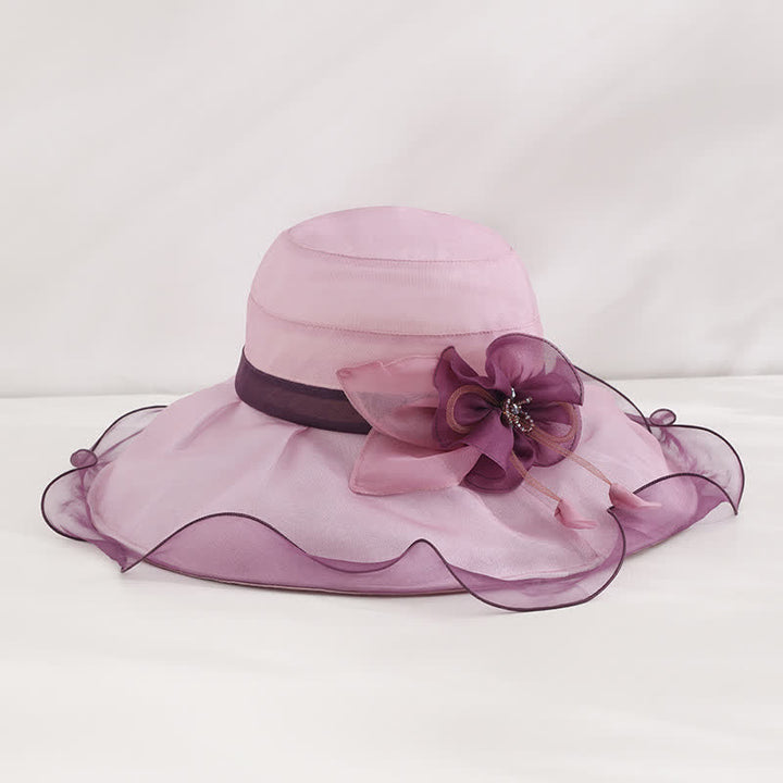 Sombrero de sol de seda plegable para playa, con ala ancha y flores, para mujer