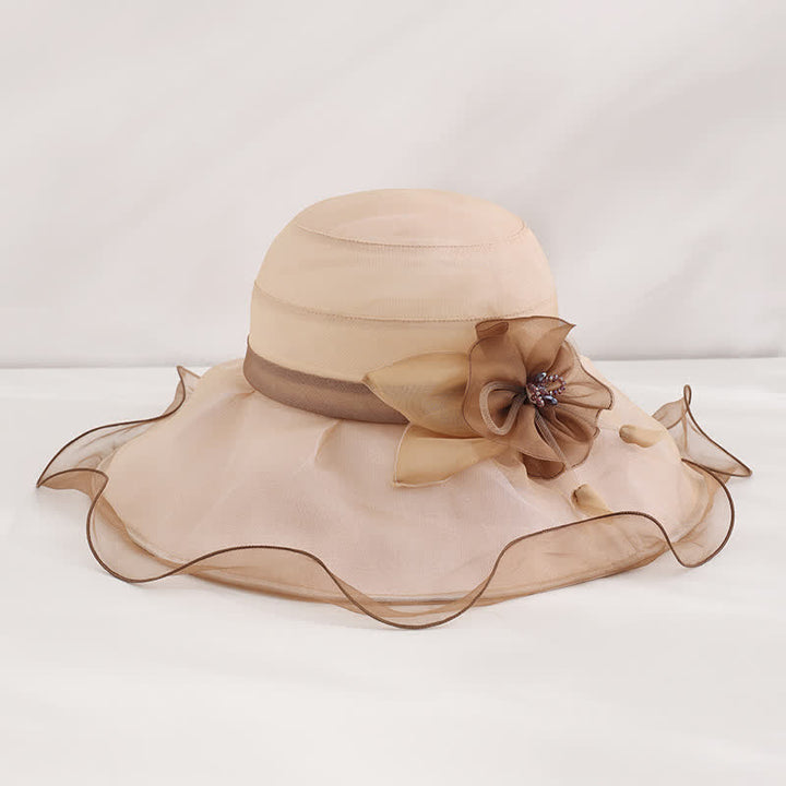 Sombrero de sol de seda plegable para playa, con ala ancha y flores, para mujer