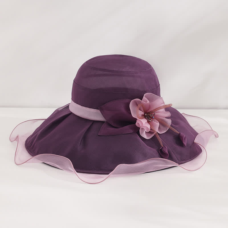 Sombrero de sol de seda plegable para playa, con ala ancha y flores, para mujer
