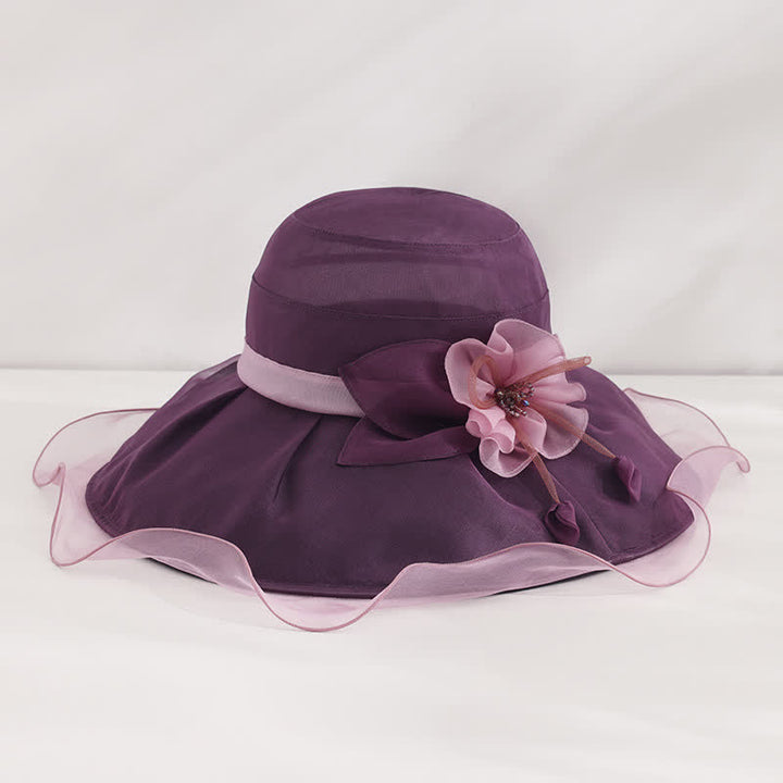 Sombrero de sol de seda plegable para playa, con ala ancha y flores, para mujer