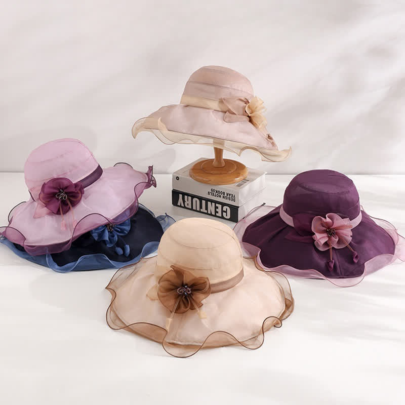 Sombrero de sol de seda plegable para playa, con ala ancha y flores, para mujer