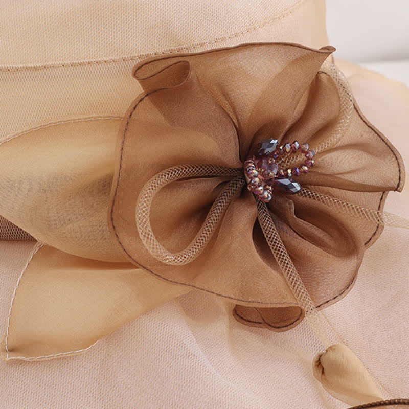 Sombrero de sol de seda plegable para playa, con ala ancha y flores, para mujer