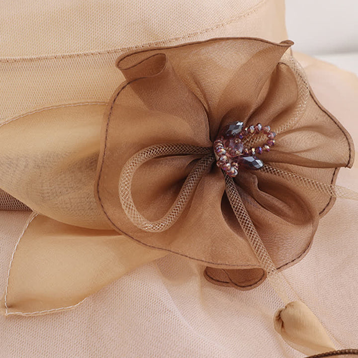 Sombrero de sol de seda plegable para playa, con ala ancha y flores, para mujer
