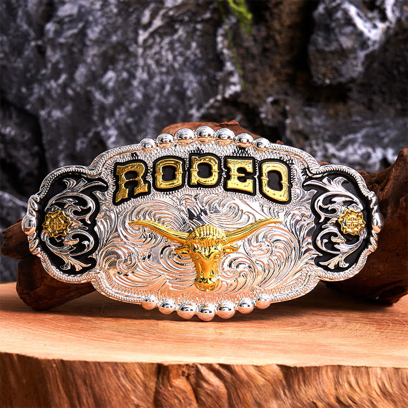 Cinturón de cuero con hebilla grande de cabeza de toro, hecho a mano, en plata y oro Rodeo - Oración - Sin cinturón - Cinturón no incluido - image 1
