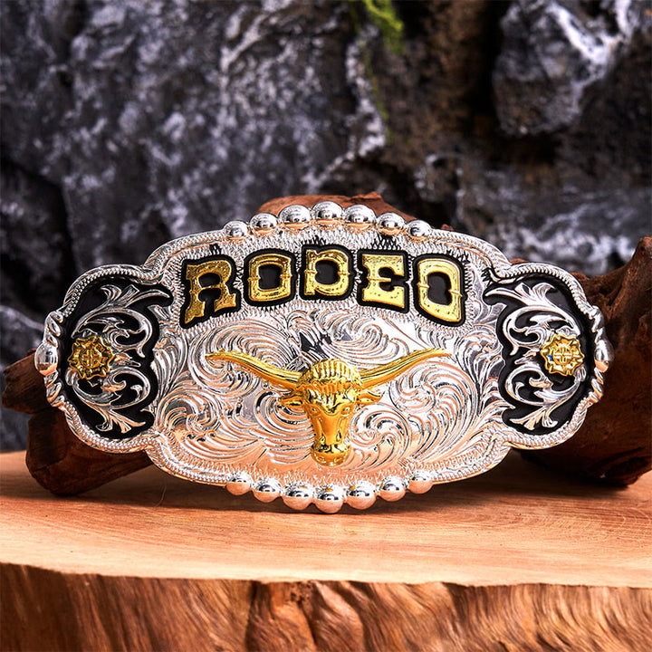 Cinturón de cuero con hebilla grande de cabeza de toro, hecho a mano, en plata y oro Rodeo - Oración - Sin cinturón - Cinturón no incluido - image 1