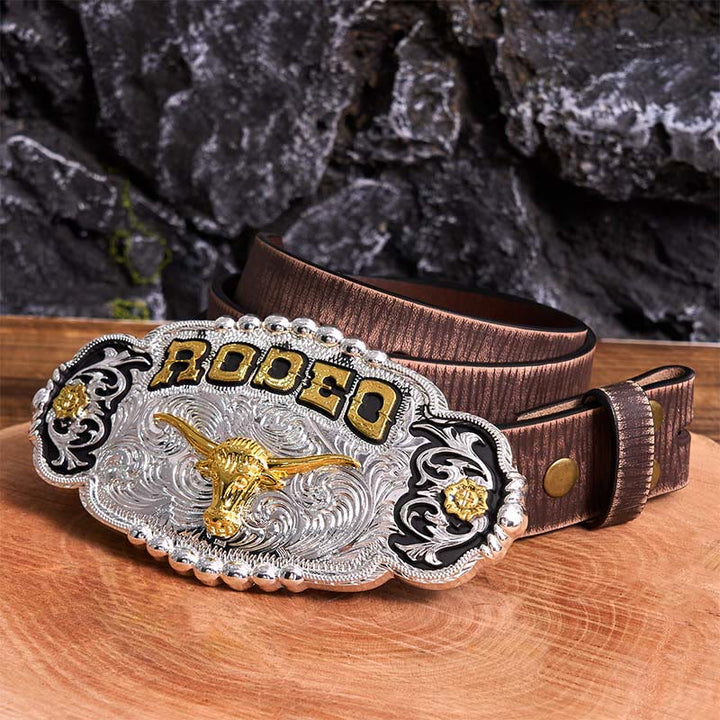 Cinturón de cuero con hebilla grande de cabeza de toro, hecho a mano, en plata y oro Rodeo - Oración - Cinturón marrón desgastado - 42 - image 7