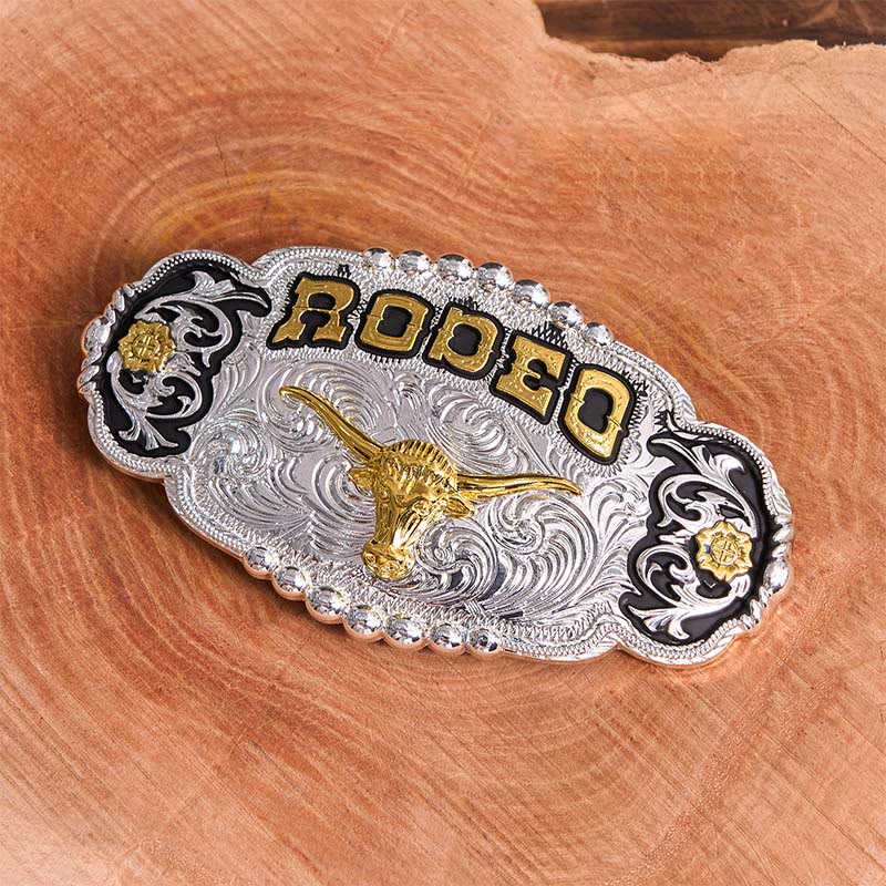 Cinturón de cuero con hebilla grande de cabeza de toro, hecho a mano, en plata y oro Rodeo - image 2