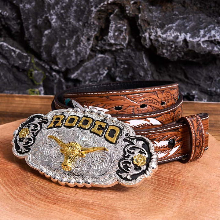Cinturón de cuero con hebilla grande de cabeza de toro, hecho a mano, en plata y oro Rodeo - Oración - Cinturón de plumas marrones - 40 - image 9
