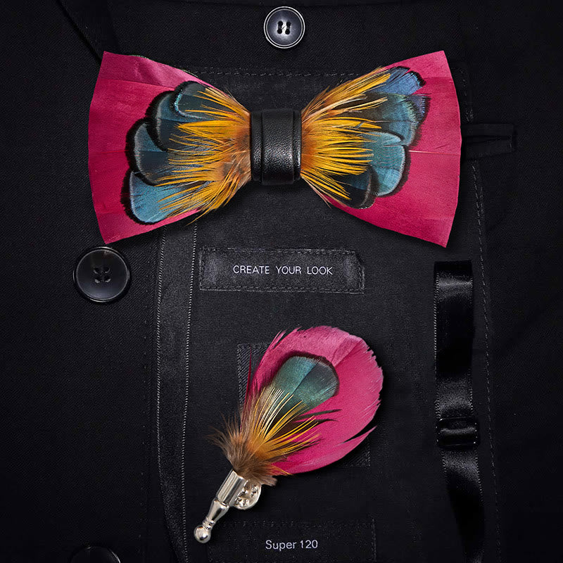 Pajarita con plumas simétricas en color rosa y naranja para niños con prendedor de solapa - Adulto - image 1