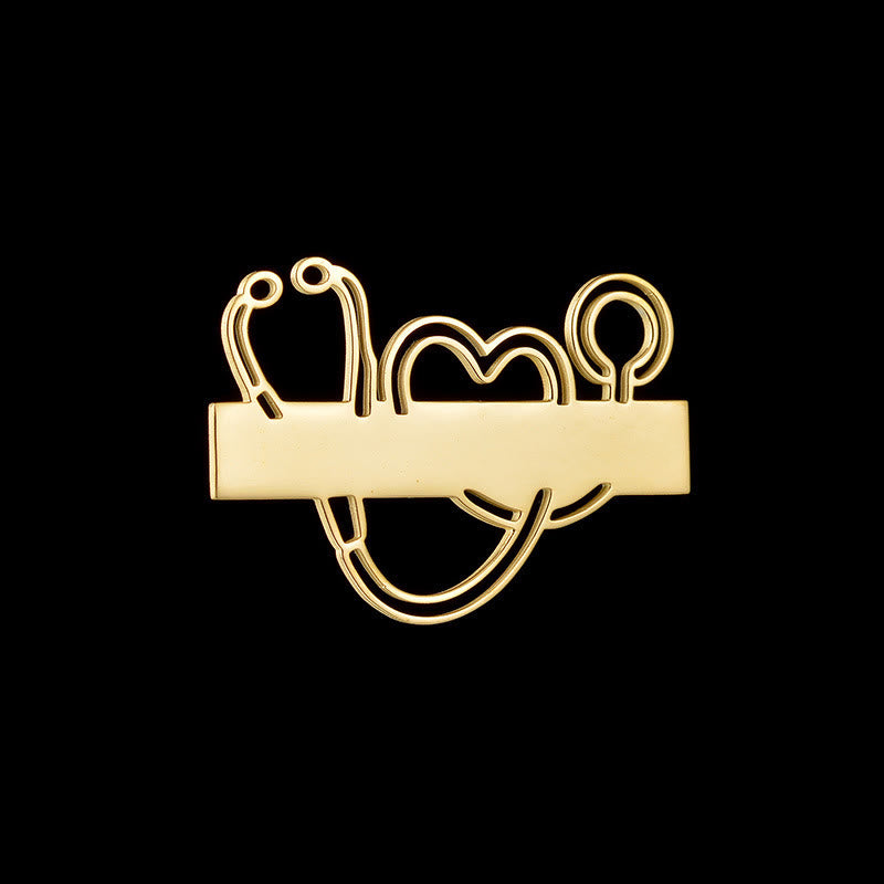 Broche de estetoscopio de tira larga dorado con tu nombre personalizado