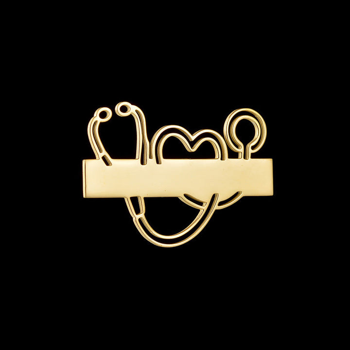 Broche de estetoscopio de tira larga dorado con tu nombre personalizado