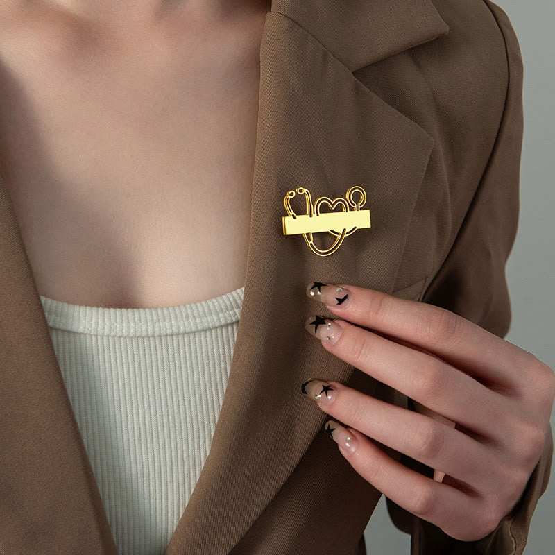 Broche de estetoscopio de tira larga dorado con tu nombre personalizado
