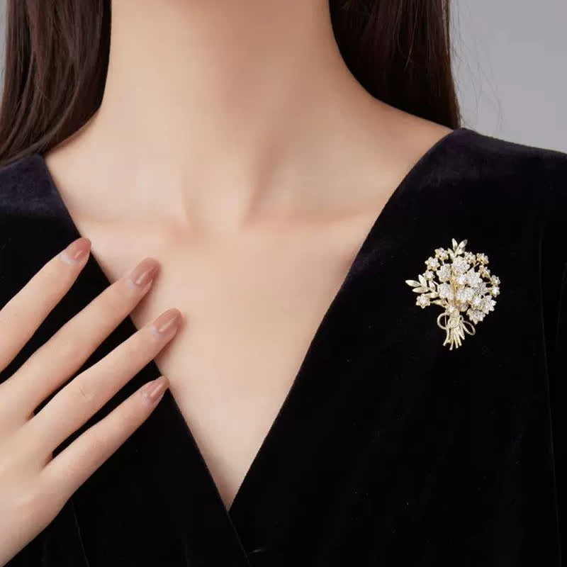 Broche de ramo de flores de novia con diamantes de imitación dorados para mujer