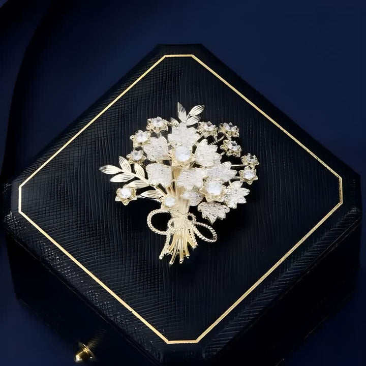Broche de ramo de flores de novia con diamantes de imitación dorados para mujer