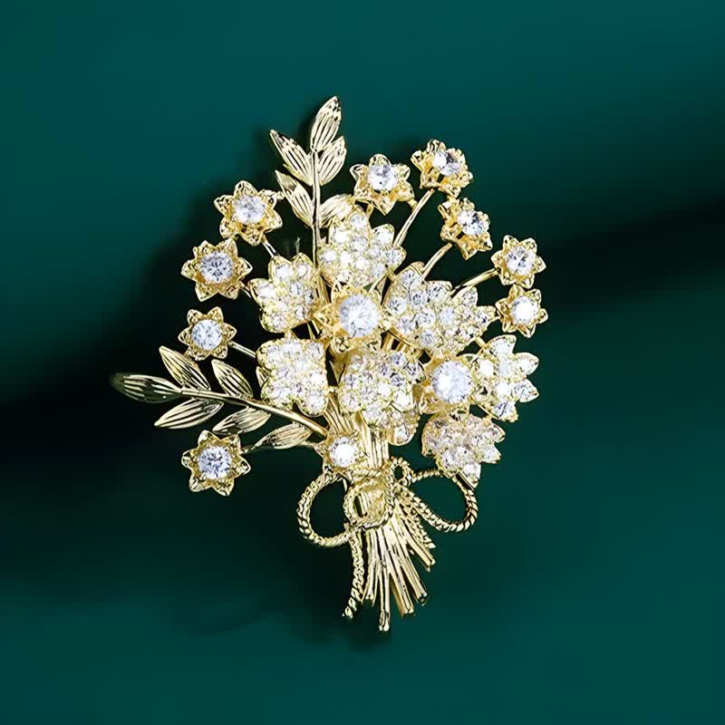 Broche de ramo de flores de novia con diamantes de imitación dorados para mujer