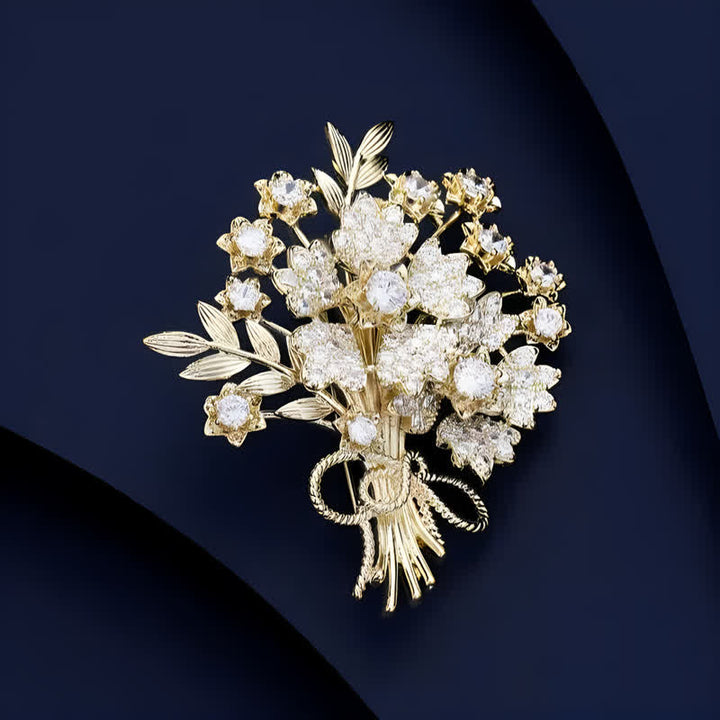 Broche de ramo de flores de novia con diamantes de imitación dorados para mujer