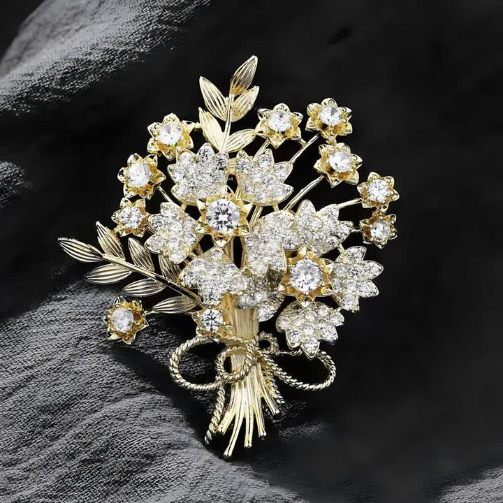 Broche de ramo de flores de novia con diamantes de imitación dorados para mujer