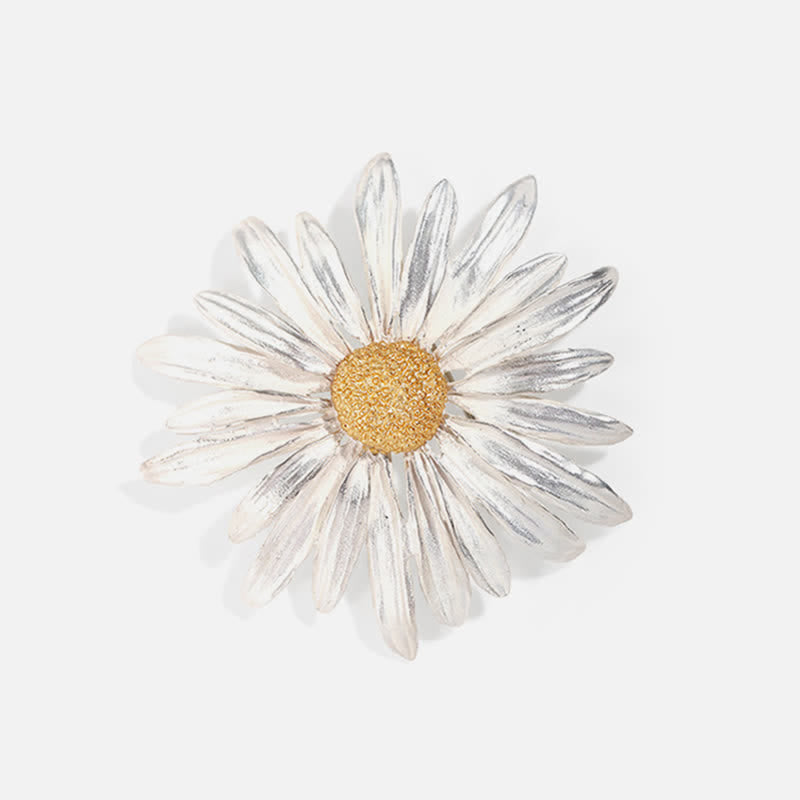 Broche de margarita plateada con pintura al óleo artística para mujer