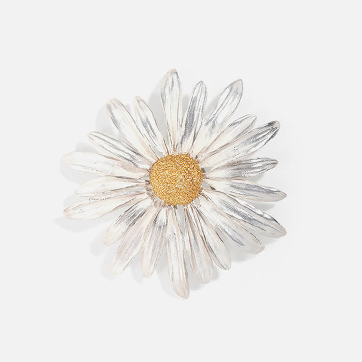 Broche de margarita plateada con pintura al óleo artística para mujer