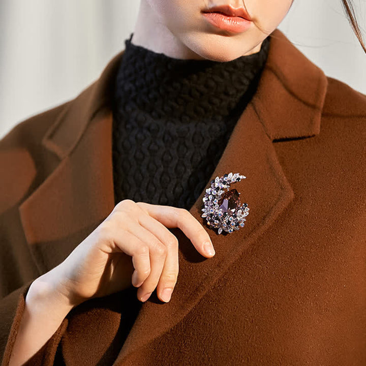 Broche de media luna de cristal brillante para mujer