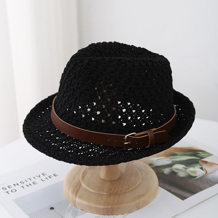 Sombrero Fedora de paja con correa de cuero estilo británico clásico para hombre