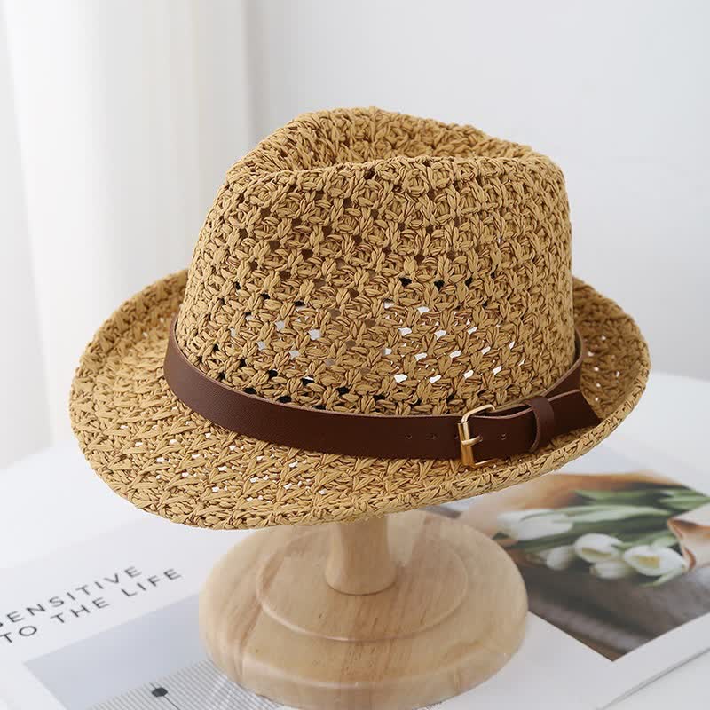 Sombrero Fedora de paja con correa de cuero estilo británico clásico para hombre