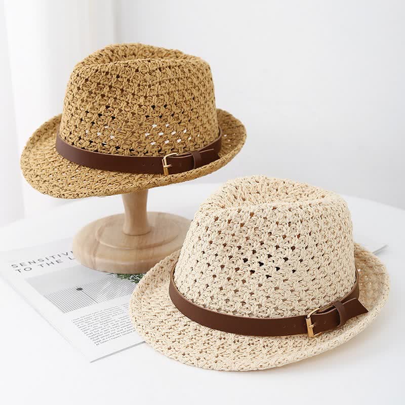 Sombrero Fedora de paja con correa de cuero estilo británico clásico para hombre