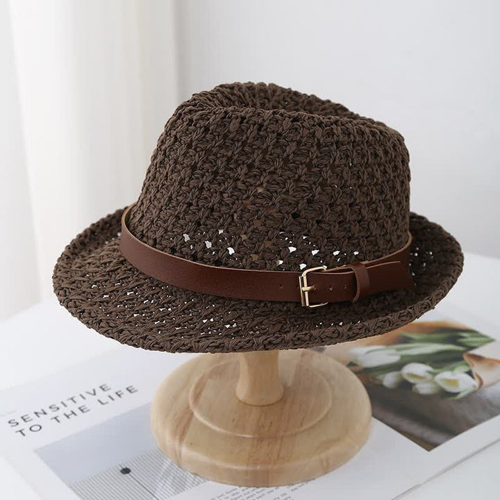 Sombrero Fedora de paja con correa de cuero estilo británico clásico para hombre