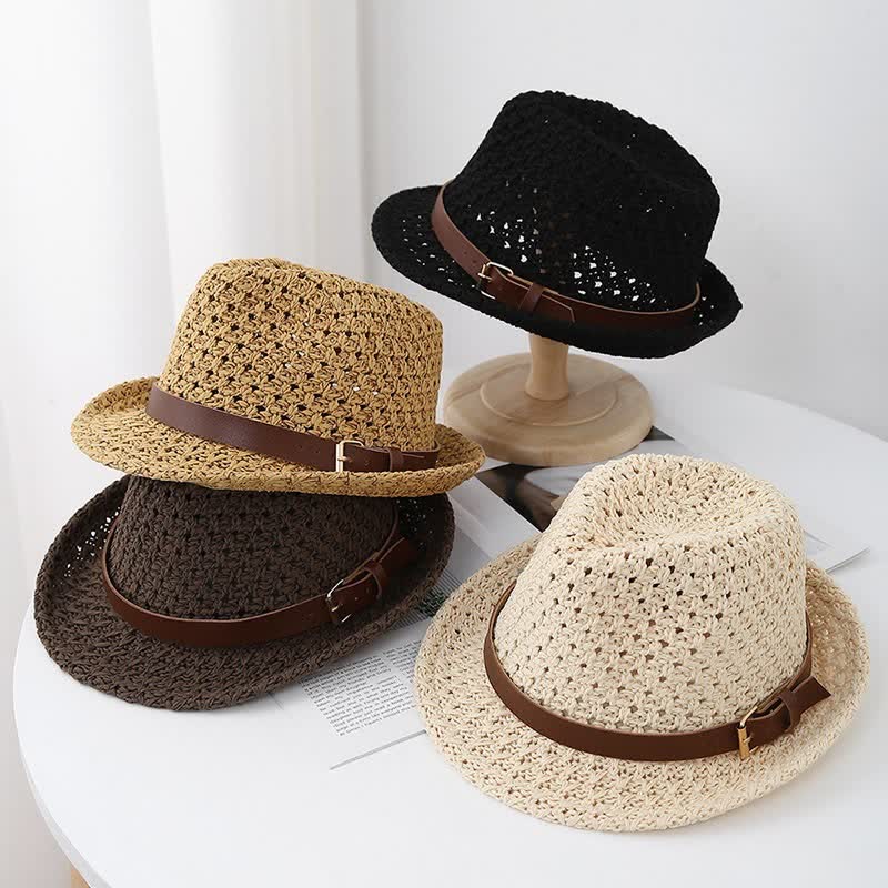 Sombrero Fedora de paja con correa de cuero estilo británico clásico para hombre