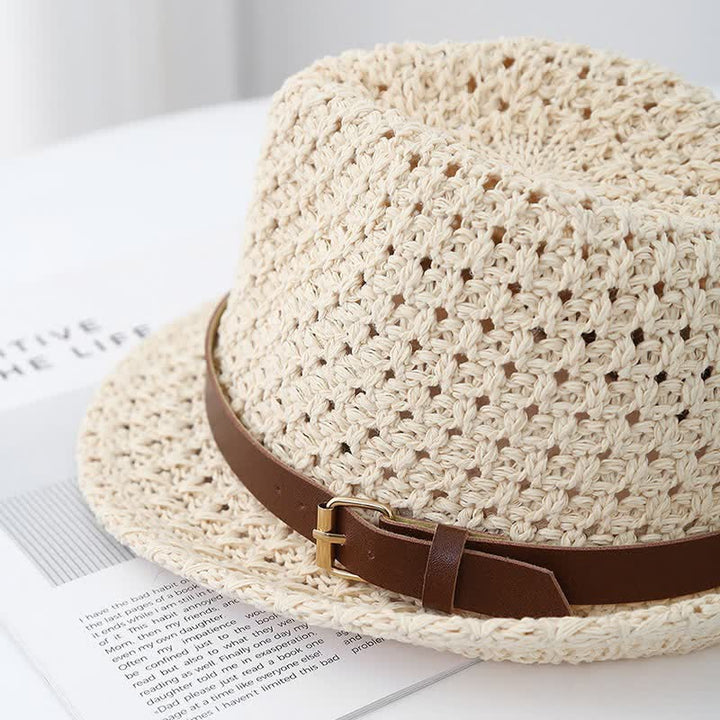 Sombrero Fedora de paja con correa de cuero estilo británico clásico para hombre