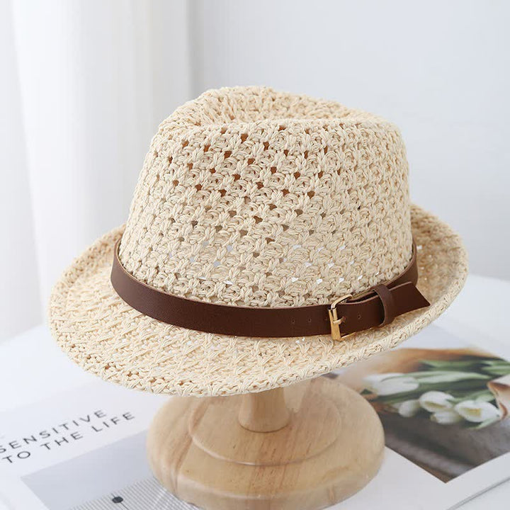 Sombrero Fedora de paja con correa de cuero estilo británico clásico para hombre