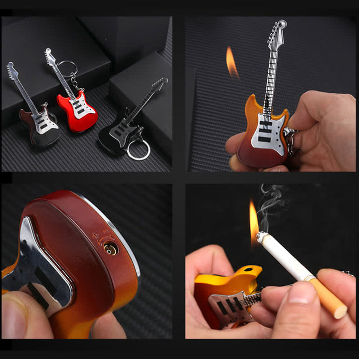 Llavero inflable con forma de guitarra y encendedor de butano.