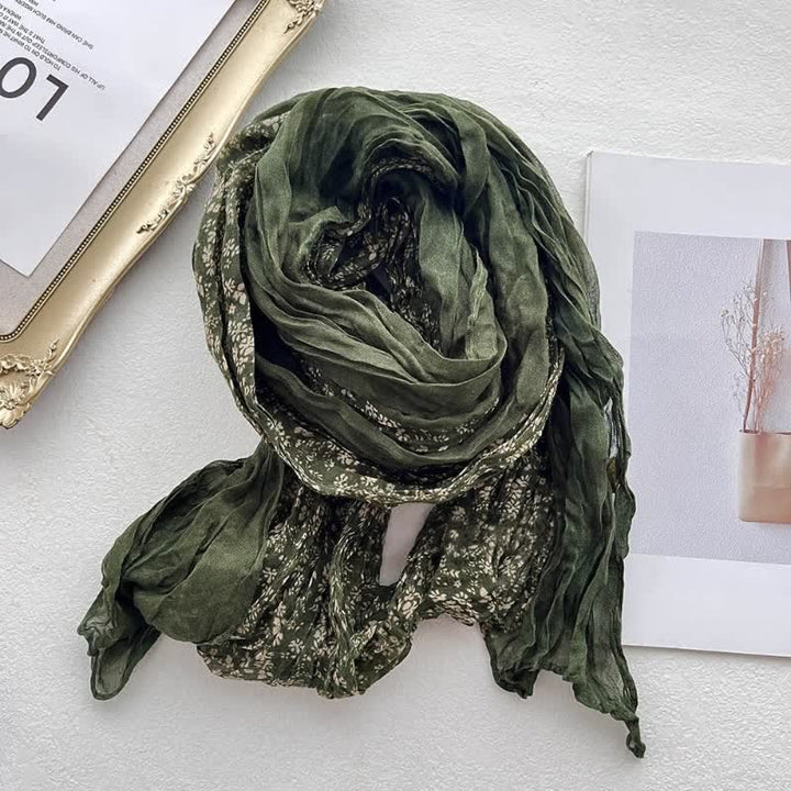 Bufanda fina de lino y algodón con pliegues florales artísticos para mujer