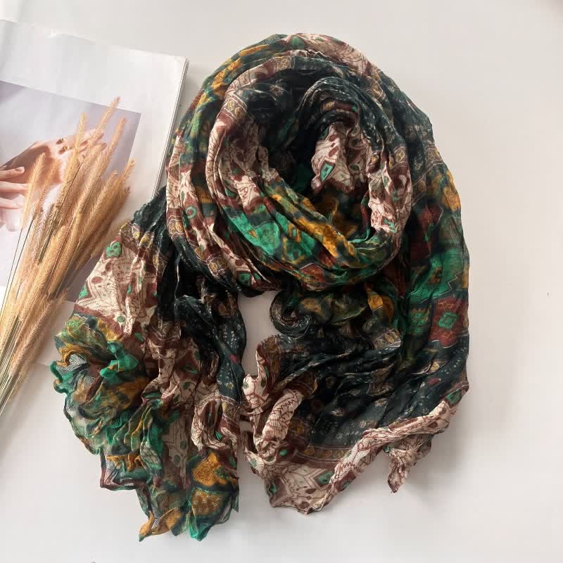 Bufanda fina de lino y algodón plisada de estilo étnico para mujer para otoño